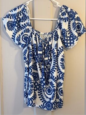 Peasant Blouse with Blue Floral Embroidery